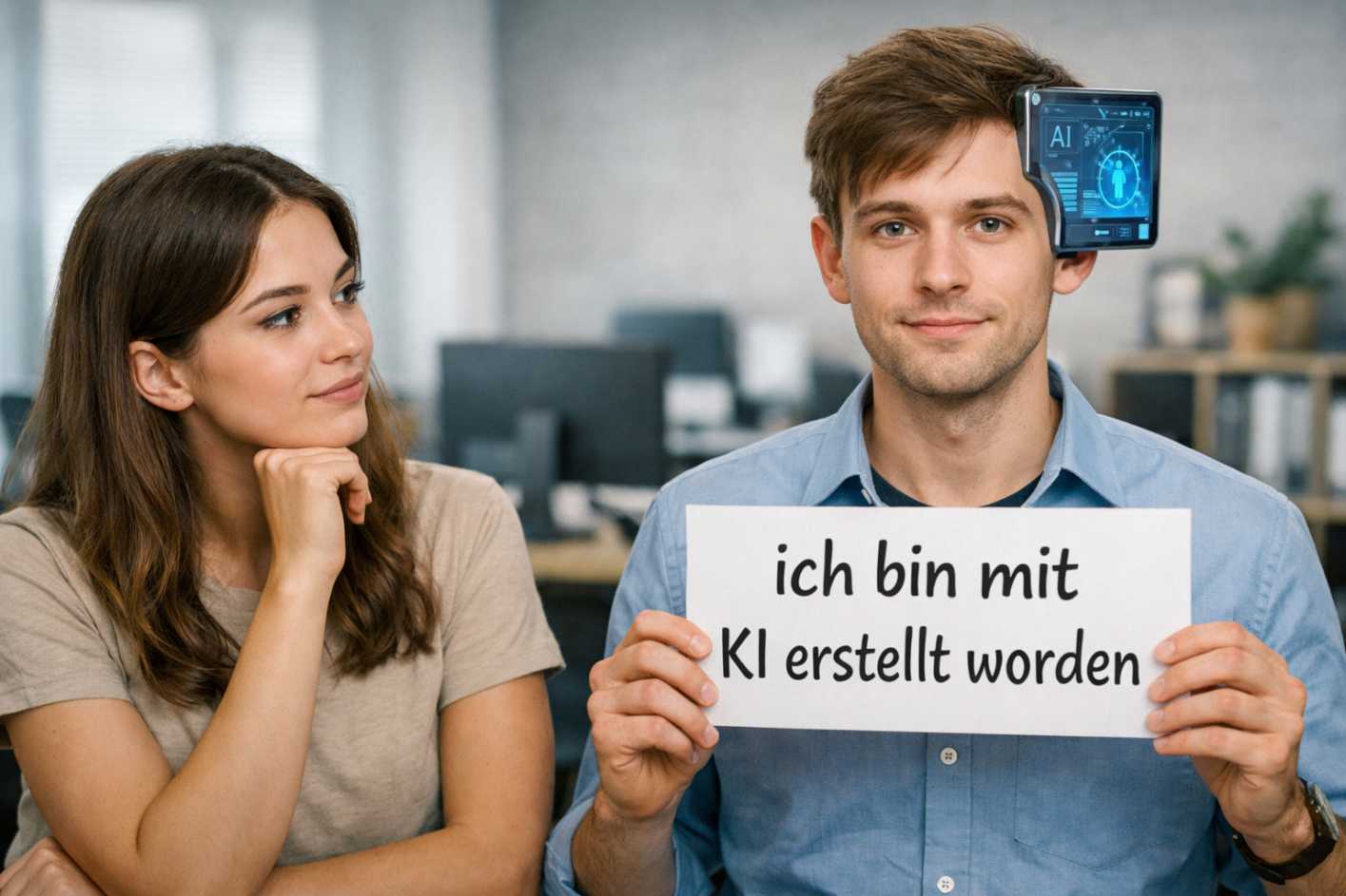 Ein mit KI generiertes Bild, Header-Grafik zum Beitrag "Der AI Act: das verlangt die EU-KI-Verordnung von deiner Non-Profit". Zu sehen ist eine junge Frau in einem B&uuml;ro, die einen jungen Mann betrachtet. Er hat ein Display am Kopf und tr&auml;gt ein Plakat mit den Worten "ich bin mit KI erstellt worden" vor sich.