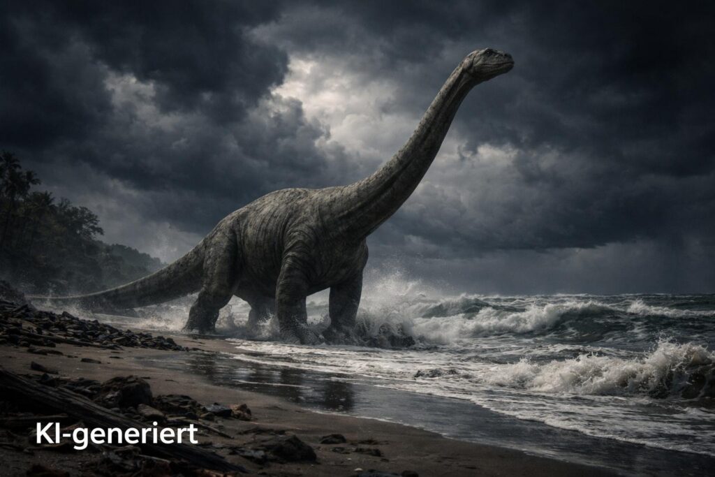 Mit KI erstelltes Bild: ein Sauropde (Dinosaurier) am Strand.