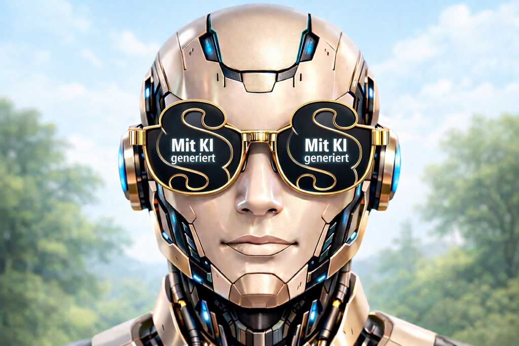 KI-generierter Roboter mit Sonnenbrille in Form von Paragrafen-Zeichen, Symbolbild für Webinar zu KI-Regeln für Non-Profits