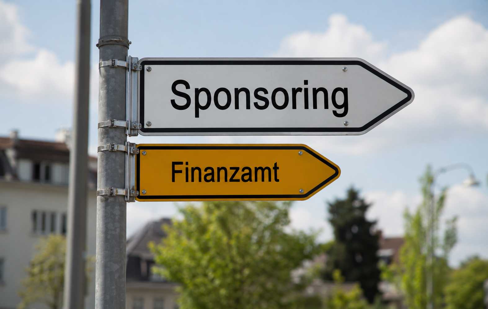 Teaserbild zum kostenlosen Webinar "Sponsoring aus Sicht des Finanzamt", zu sehen sind zwei Straßenschilder, auf dem einen steht "Sponsoring", auf dem anderen steht "Finanzamt".