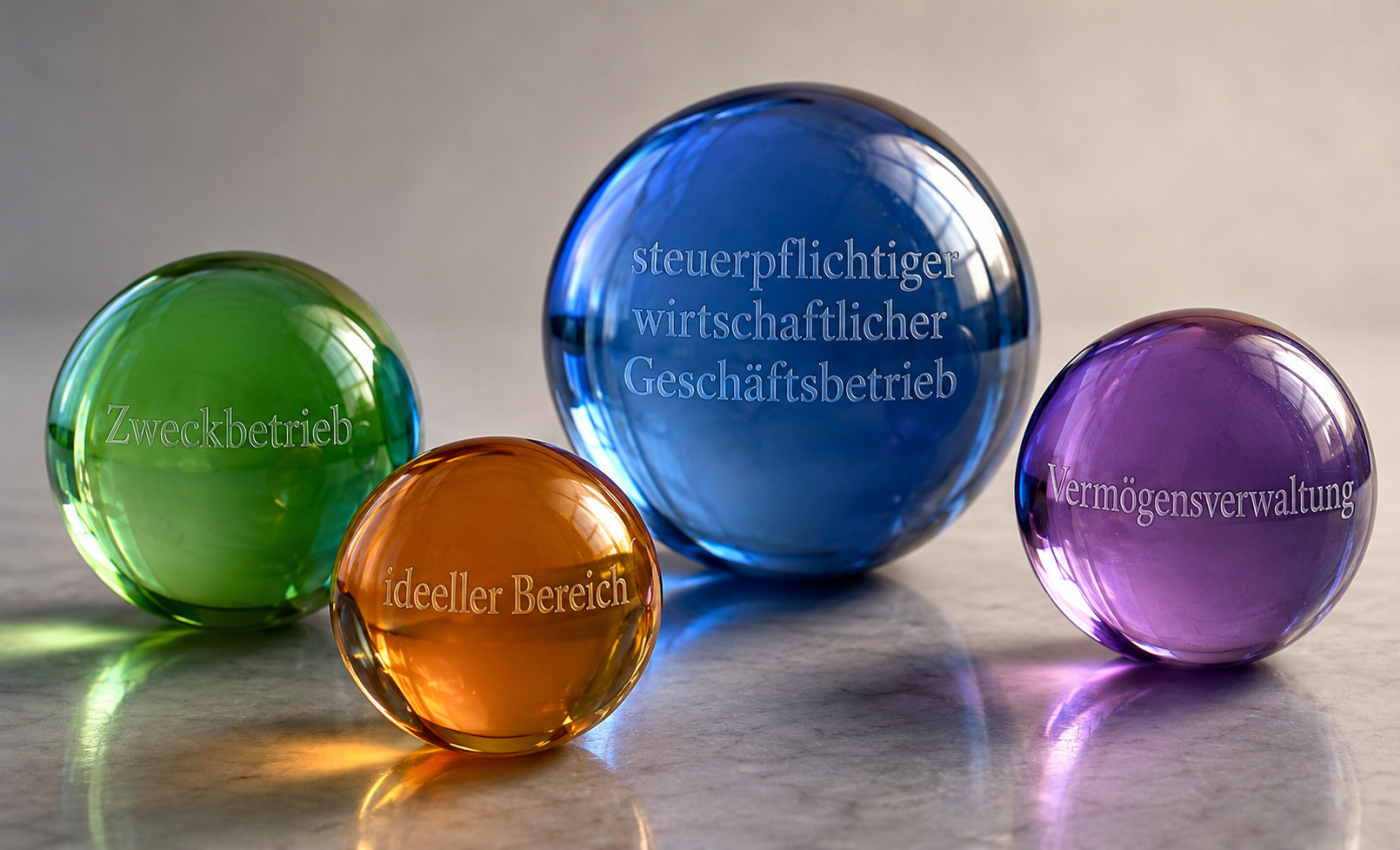 Symbolbild "Vier Sphären der Gemeinnützigkeit" - vier Glaskugeln in vier Farben.