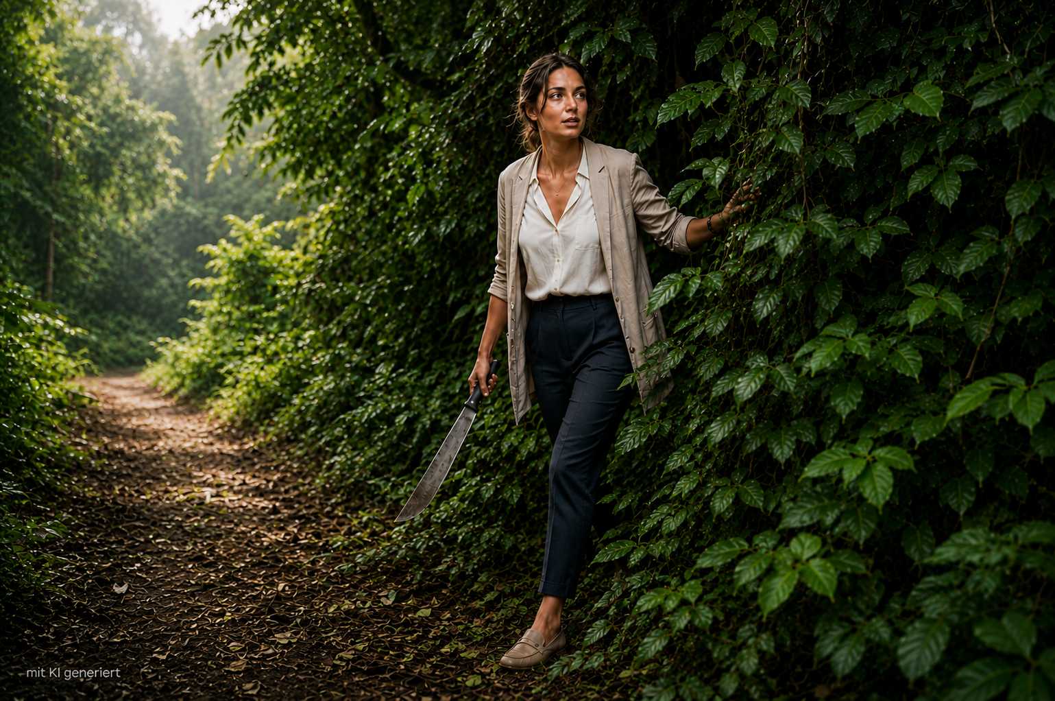 Kostenloses Webinar zur Umsatzsteuer für Non Profits. Symbolbild: eine junge Frau mit Machete hat im Urwald einen Pfand gefunden und verlässt das Unterholz.