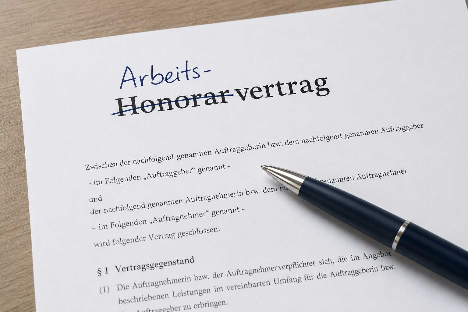 Headergrafik Webinar: Scheinselbstständigkeit als Risiko bei Non-Profits, zu sehen ist ein Honorarvertrag, in dessen Titel "Honorar" durchgestrichen und durch "Arbeits-" ersetzt wurde.
