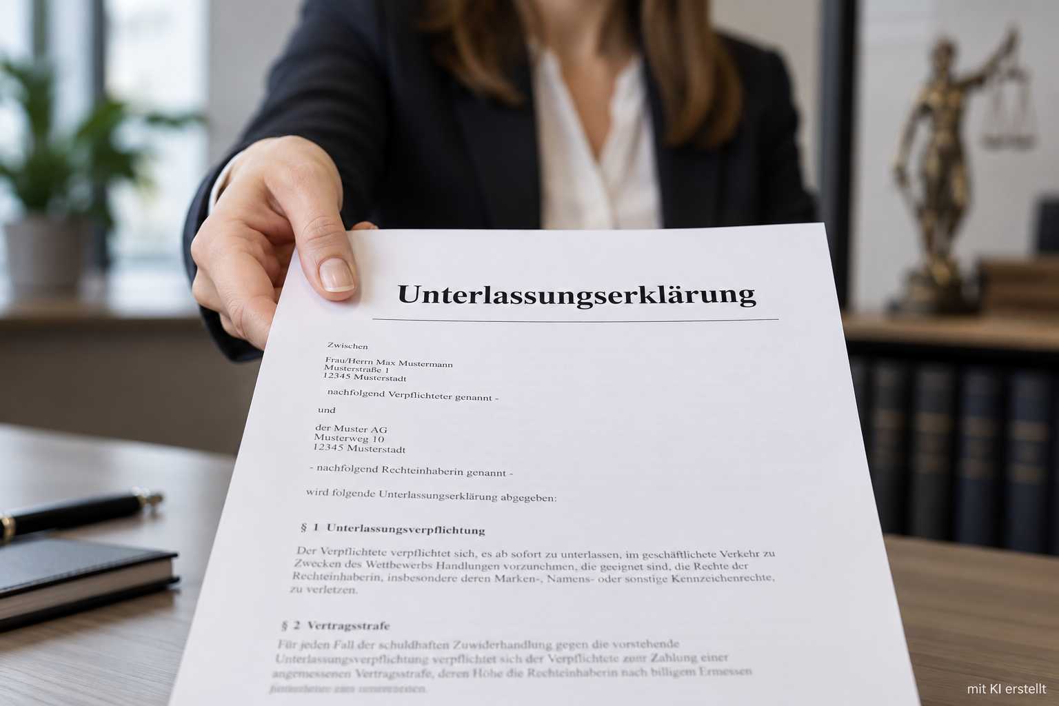 Titelgrafik (Symbolbild) zum Beitrag "Vereinspers&ouml;nlichkeitsrecht: Deine NPO kann sich gegen Verleumdungen wehren": eine Person, die nur unscharf zu erkennen ist, h&auml;lt eine Unterlassungserkl&auml;rung in der Hand. KI-generiert.